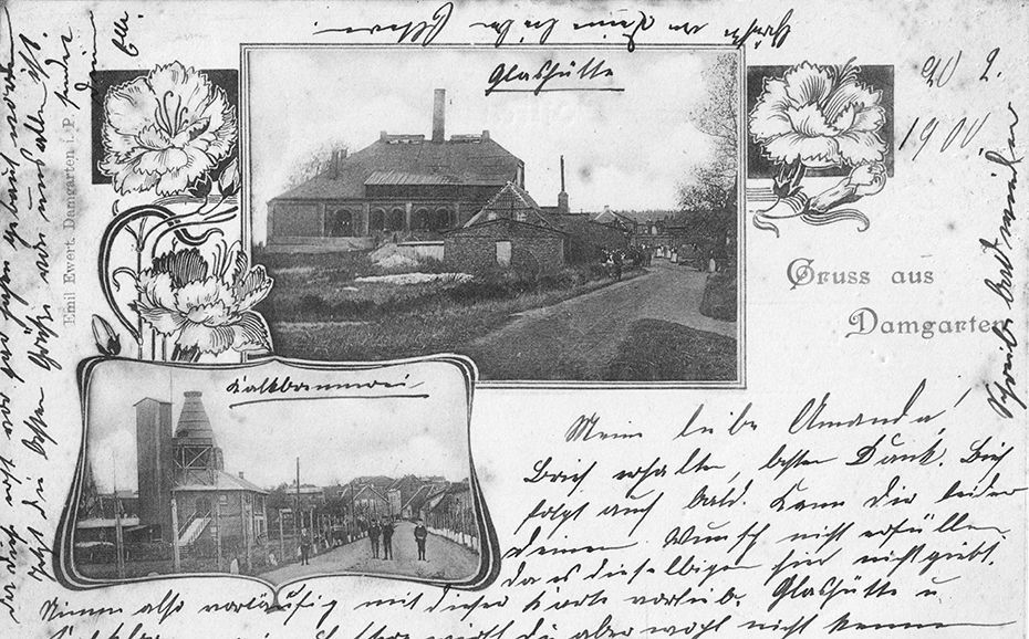 Damgarten | Postkarte Motiv Glashütte & Kalkofen am Hafen | ca.1900 | ©E. Koch