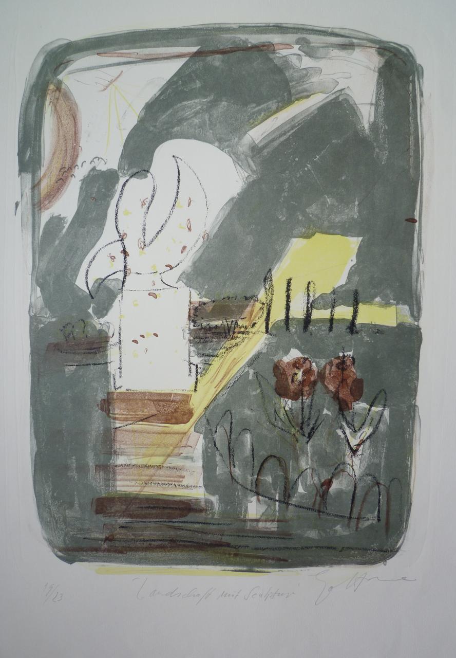 dieter-goltzsche-landschaft-mit-skulptur-1999-siebdruck-und-lithografie-in-mehreren-farben © Künstler dieter-goltzsche-landschaft-mit-skulptur-1999-siebdruck-und-lithografie-in-mehreren-farben